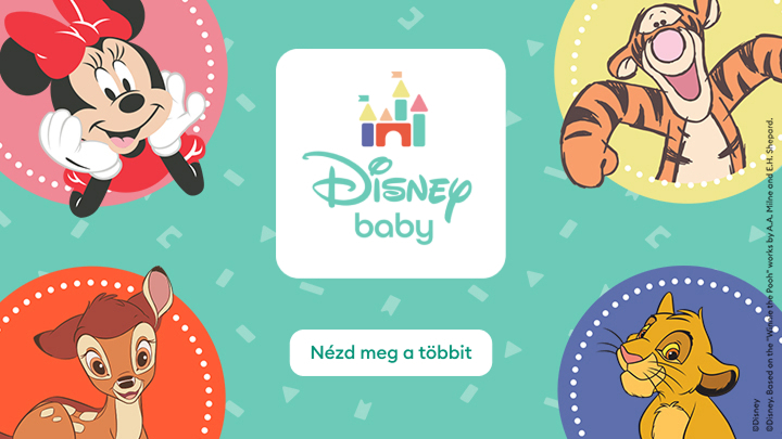 Disney Baby karaktereket ábrázoló kép: Minnie egér, Tigris, Bambi és Simba mosolyognak különböző színes körökben. Középen a Disney Baby logó és egy gomb: Nézd meg a többit. Disney Baby termékekkel kapcsolatos tartalom. banner