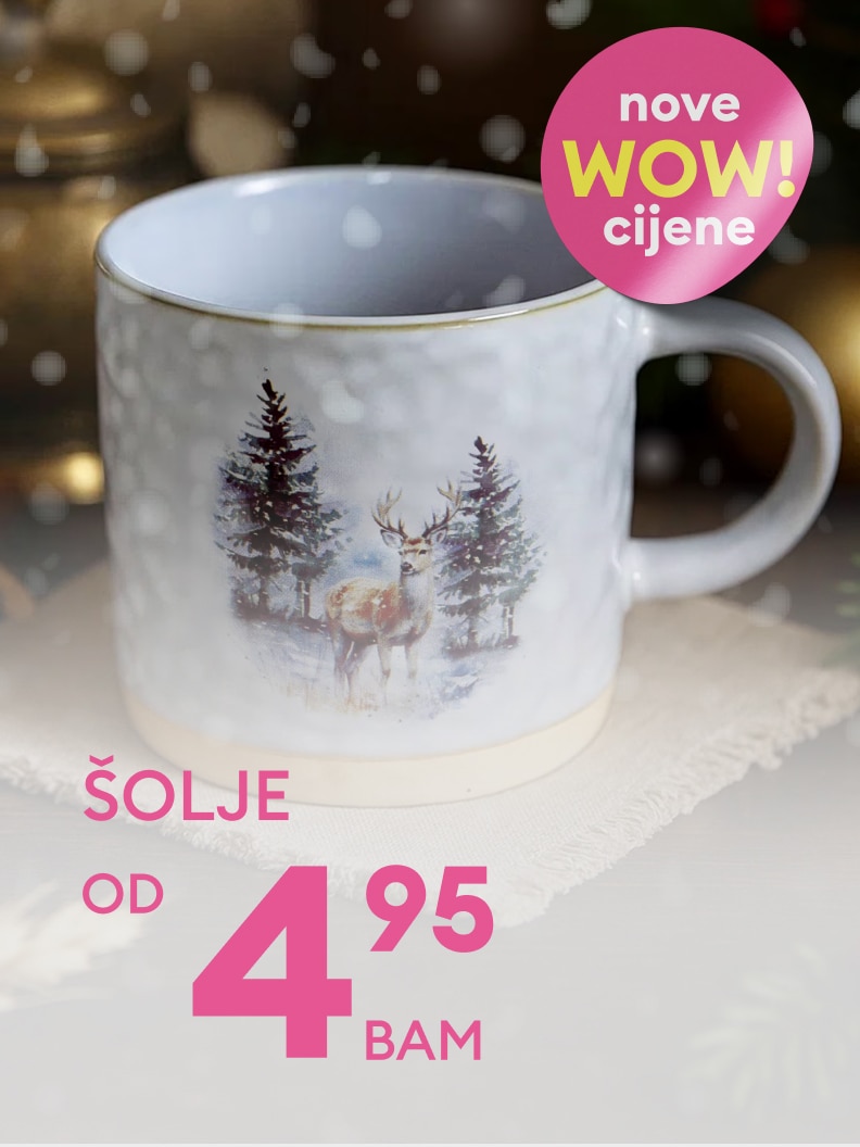 Šolja sa zimskim motivima, ukrašena slikom jelena i snježne šume. Promo ponuda: šolje dostupne po cijenama već od 4,95 BAM. Istaknuta promotivna poruka: 