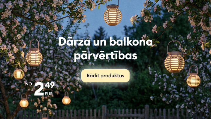 Reklāmas baneris, kas aicina iepazīties ar dārza un balkona pārveides piedāvājumu, izceļot sezonas preces un cenu sākumu no 2,49 EUR.