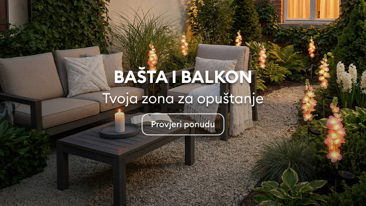 Promotivni prikaz uređenja bašte ili balkona kao prostora za opuštanje, s ciljem poticanja korisnika da istraže ponudu proizvoda za vanjski boravak.