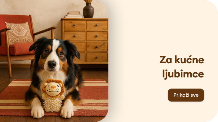 Pas sedi na tepihu u dnevnoj sobi držeći igračku u obliku lavčeta u šapama. Pored njega se nalazi naslov „Za kućne ljubimce“, uz dugme sa tekstom „Prikaži sve“. Ponuda je namenjena vlasnicima kućnih ljubimaca. banner