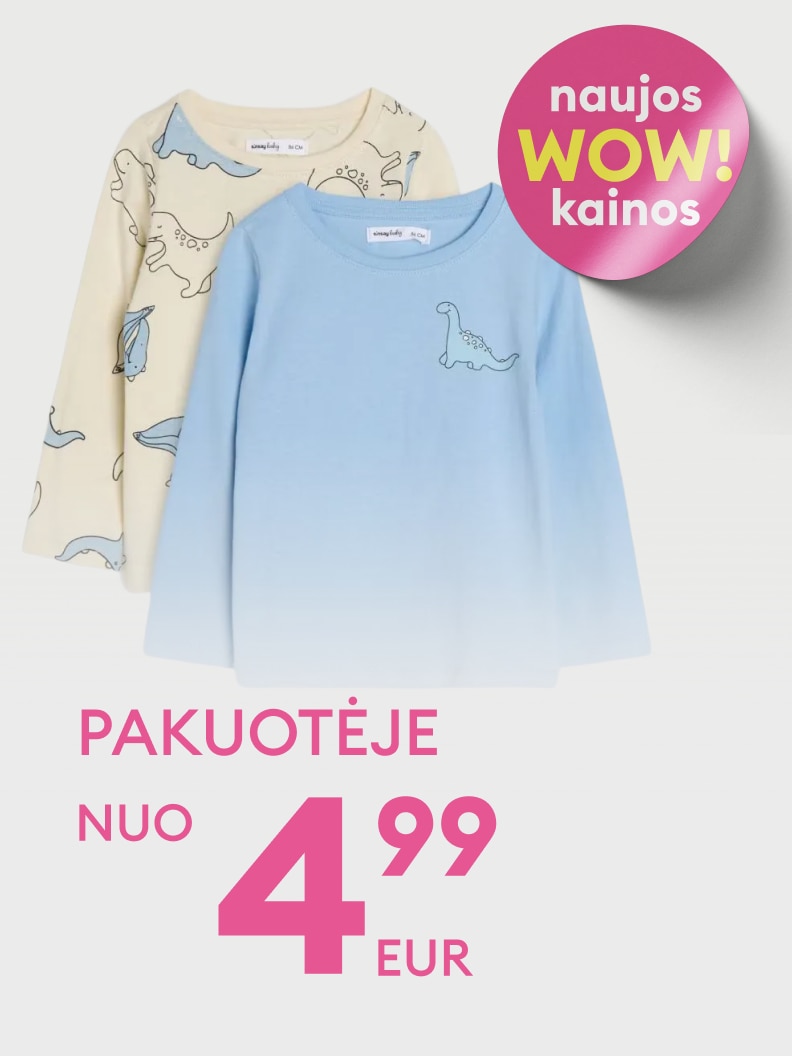 Reklama apie vaikiškų marškinėlių ilgomis rankovėmis rinkinį, siūlomą akcijine kaina nuo 4,99 EUR.