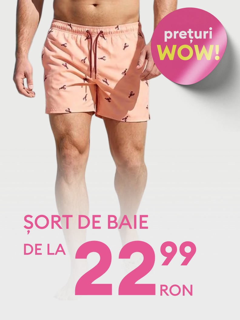 Promoție pentru șorturi de baie pentru bărbați, comunicând o ofertă cu preț promoțional atractiv și disponibilitate pentru achiziție.
