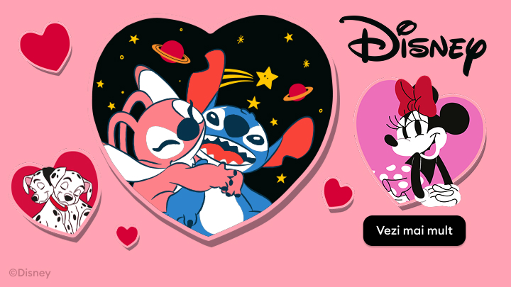 Personajele Disney celebrând prietenia și dragostea cu motive romantice, în ilustrații cu Stitch, Angel, Minnie Mouse și cățeluși din "101 Dalmațieni". Imaginea promovează tematici pline de afecțiune în stil Disney.