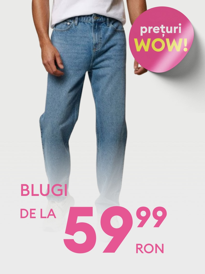 Promovare pentru blugi, cu prețuri speciale și ofertă de pornire de la 59,99 RON, evidențiind o campanie avantajoasă pentru cumpărători.