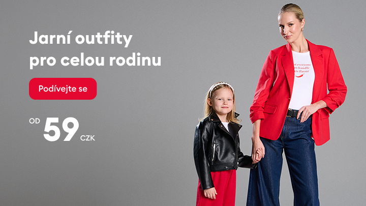 Reklamní sdělení propagující jarní outfity pro celou rodinu, zdůrazňující nabídku pro dospělé i děti a dostupnou cenu od 59 Kč s výzvou k prohlédnutí nabídky.