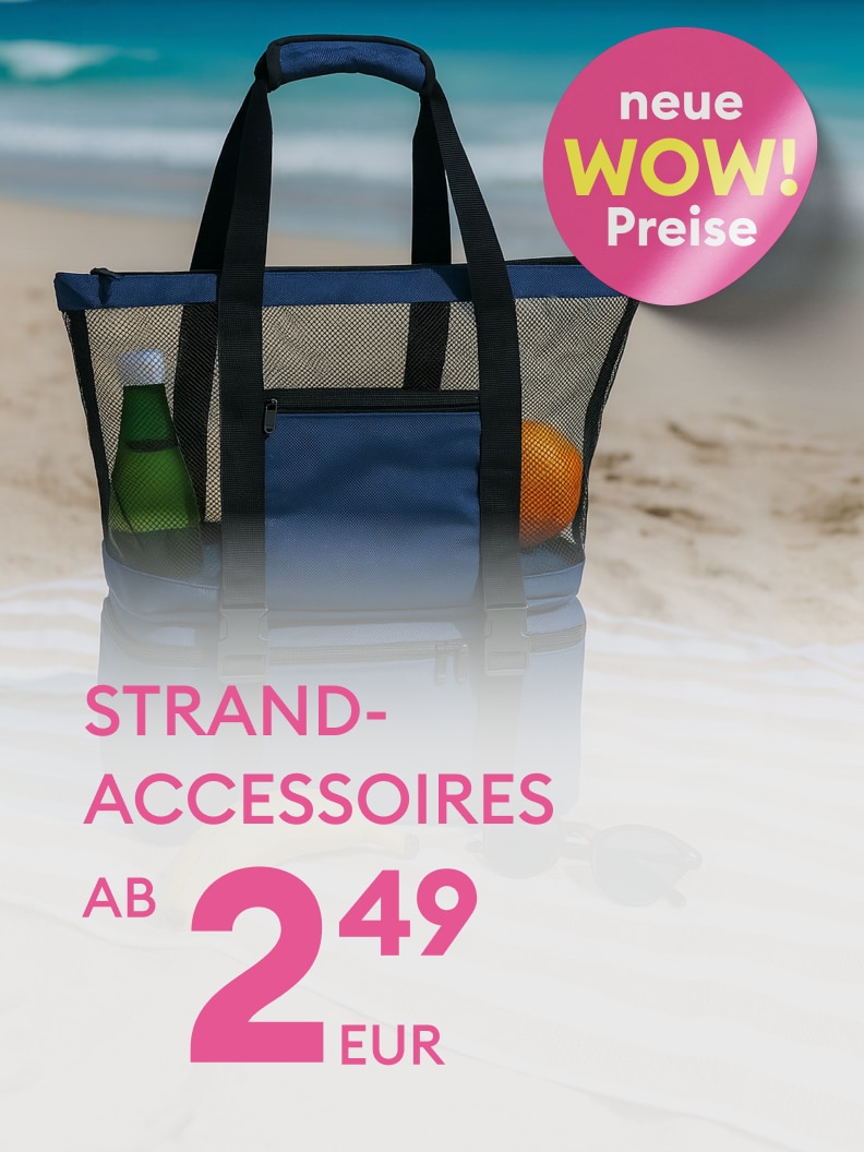 Werbliche Darstellung von Strandaccessoires, die auf ein attraktives Sonderangebot mit günstigen Einstiegspreisen hinweist und zum Kauf für den Strandurlaub anregt.