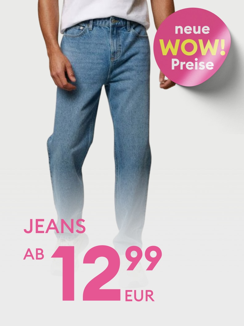 Werbebild zur Bewerbung von Jeans mit Sonderangebot und neuen, reduzierten Preisen.
