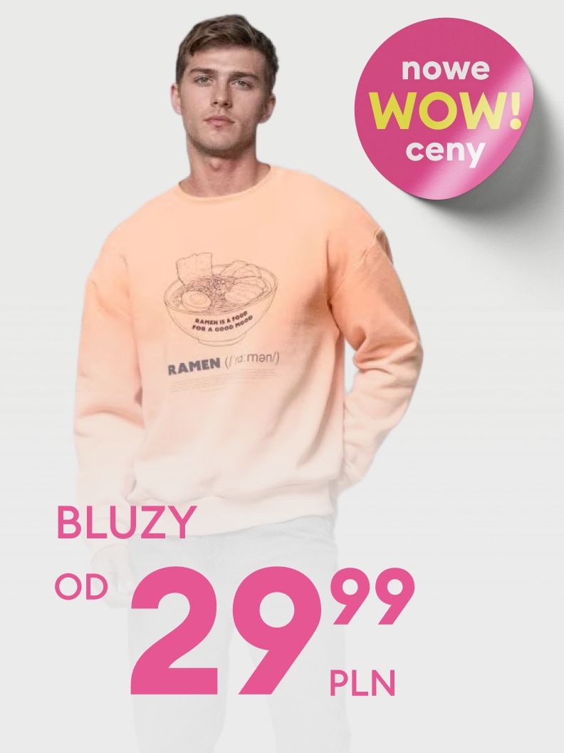 Promocja sprzedażowa bluz, informująca o atrakcyjnej obniżce cen i zachęcająca do zakupu w aktualnej ofercie.