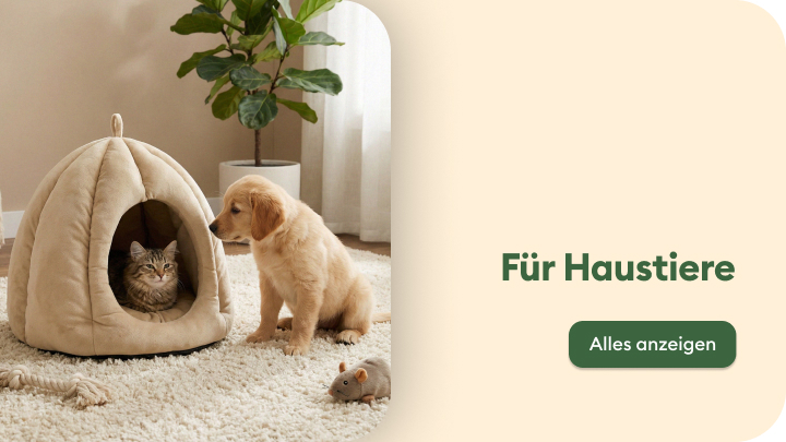 Werbebanner, der den Bereich für Haustierprodukte bewirbt und zum Stöbern im Sortiment für Hunde und Katzen einlädt.