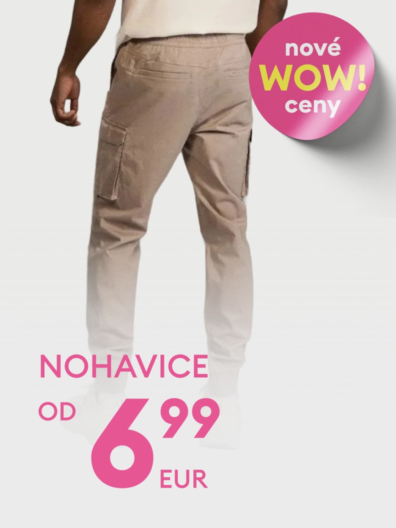 Propagačný vizuál informujúci o výpredaji nohavíc s výrazne zníženými cenami a novej cenovej ponuke.