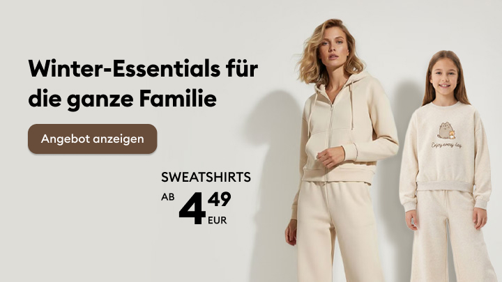 Winter-Essentials für die ganze Familie: Bequeme Sweatshirts ab 4,49 EUR. Jetzt das Angebot anzeigen und hochwertige Kleidung für kalte Tage entdecken. Wählen Sie praktische und stylische Mode für die ganze Familie.