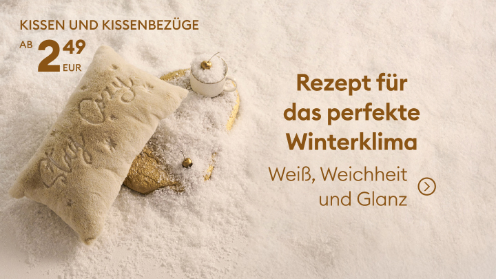Weiche Kissen und Kissenbezüge ab 2,49 Euro, ein ideales Rezept für gemütliches Winterklima. Perfekte Kombination aus Weiß, Weichheit und Glanz für entspannte Stunden zu Hause. Jetzt entdecken und das Zuhause verschönern. banner