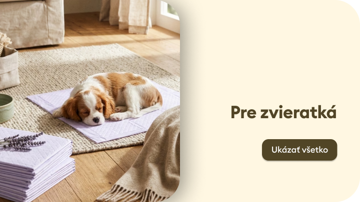 Propagácia sortimentu pre domáce zvieratá, zdôrazňuje pohodlie a starostlivosť a pozýva na prehliadanie celej ponuky.