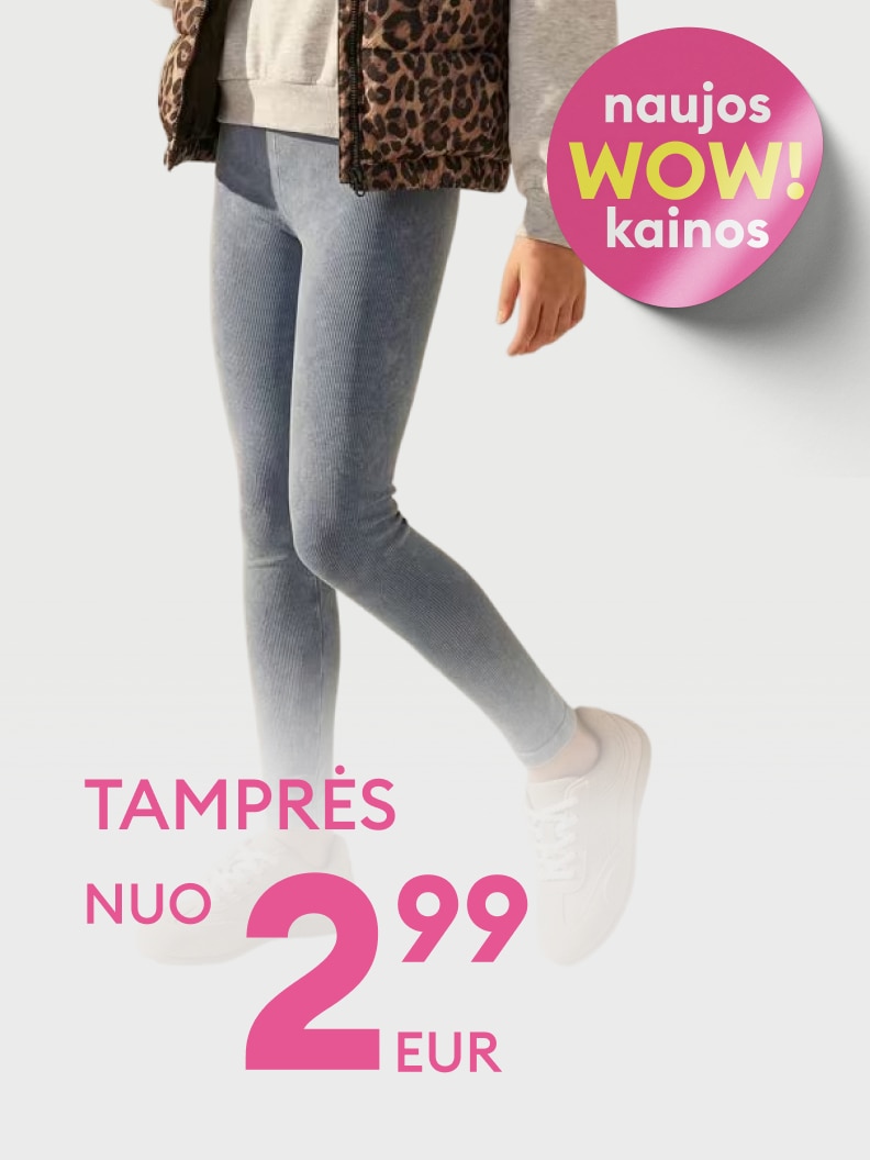 Reklaminis pasiūlymas: vaikiškos tamprės parduodamos su nuolaida, kainos prasideda nuo 2,99 EUR, pabrėžiamos naujos ypač geros kainos.
