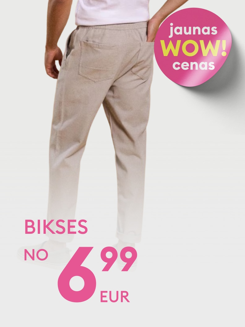 Reklāma vīriešu biksēm ar īpašu piedāvājumu un zemu cenu 6,99 EUR, aicinot iegādāties izdevīgi.
