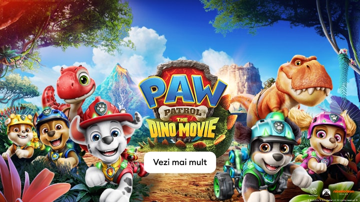 Personajele Paw Patrol într-o aventură cu dinozauri, promovând filmul pentru copii The Dino Movie și invitând la descoperirea mai multor informații