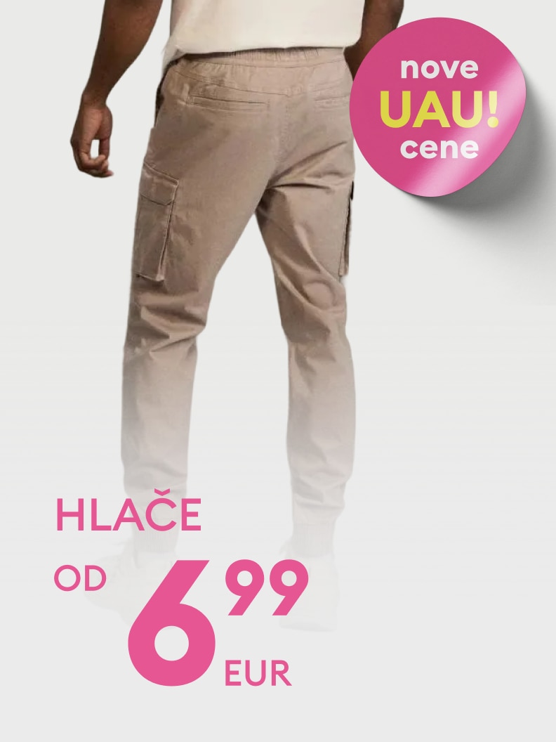 Oglaševalska vsebina, ki promovira hlače z novo znižano ceno in poudarja cenovno ugodno ponudbo.