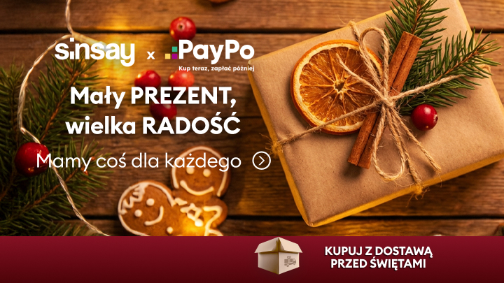Mały prezent, wielka radość – oferta Sinsay i PayPo. Kup teraz, zapłać później. Znajdź idealny prezent świąteczny dla każdego. Widoczne dekoracje świąteczne i zapakowany prezent zachęcają do skorzystania z promocji. Sprawdź dostępne produkty i rozświetl święta!