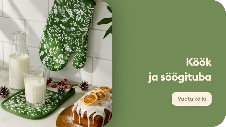 Dekoratiivsed esemed köögi ja söögitoa kujundamiseks. Pildil on keraamiline vaas koos kuivatatud kõrrelistega, pruun klaasist nõu ja oranž küünal. Nupp „Vaata kõiki“ suunab köögi ja söögitoa toodete valikule. banner