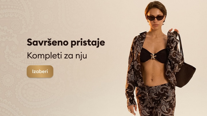 Promocija ženskih modnih kompleta, prikazuje stilizovanu kombinaciju za nju kao inspiraciju za kupovinu.