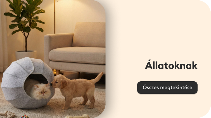 Háziállatok számára készült termékek bemutatása, kutyák etetése közben, a gondoskodás és a mindennapi ellátás hangsúlyozásával.