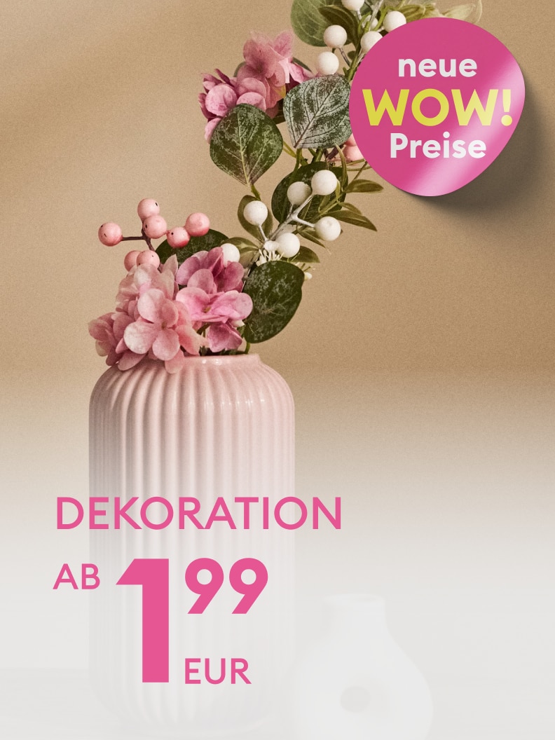 Werbegrafik für Wohnaccessoires mit Fokus auf neue günstige Preise für Dekorationsartikel ab 1,99 EUR.