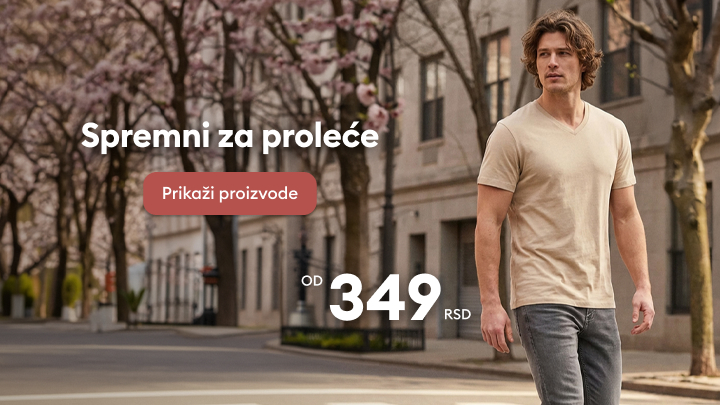 Promotivna poruka za mušku prolećnu garderobu, koja podstiče korisnika da pregleda ponudu i informiše se o povoljnim početnim cenama.