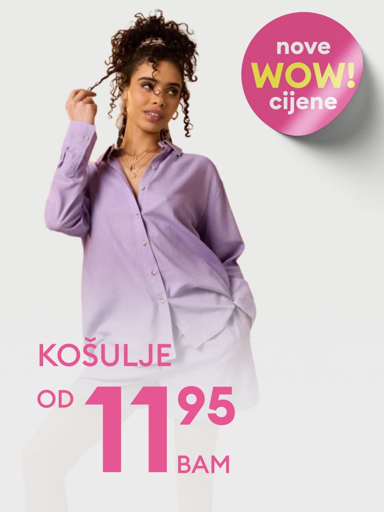 Promotivna poruka o sniženju košulja s novim akcijskim cijenama, dostupne od 11,95 BAM.