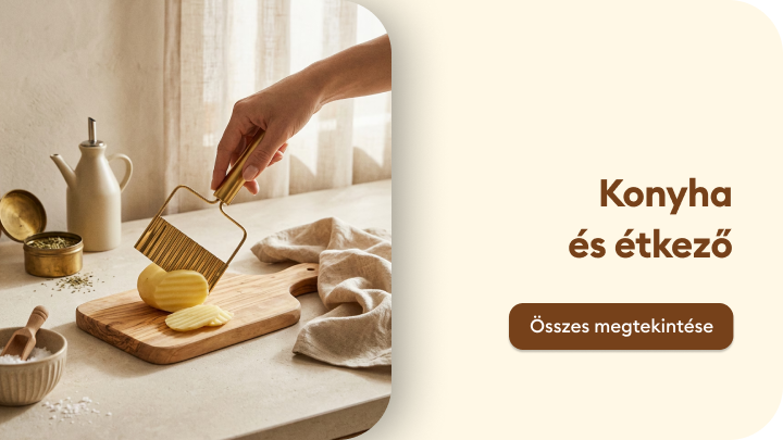 Konyhai és étkezői termékek kategóriájának bemutatása, otthoni főzéshez és tálaláshoz használható eszközökkel.