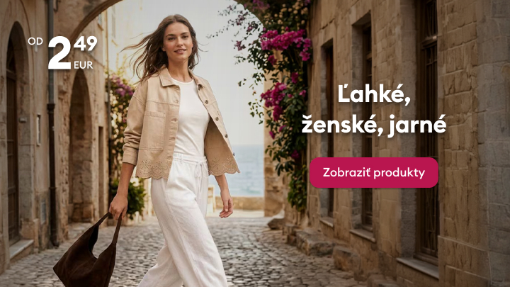 Propagácia ľahkého dámskeho jarného oblečenia s cieľom inšpirovať outfity na teplé dni a nasmerovať používateľa k prehliadaniu ponuky za výhodné ceny.