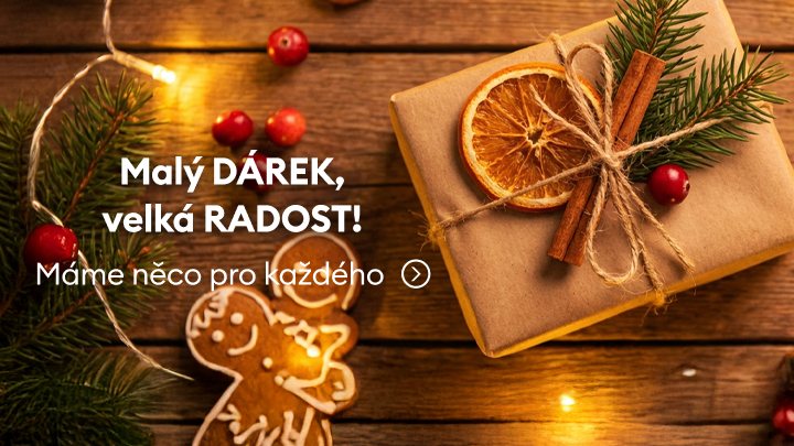 Dárek zabalený v přírodním stylu s ozdobami z pomeranče, skořice a větvičky jedle. Vedle dárku leží perníček ve tvaru panáčka, světýlka a červené bobule. Text na obrázku: Malý dárek, velká radost! Máme něco pro každého.