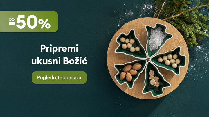 Pripremite se za ukusni Božić uz popust do 50%. Na slici se nalazi set posuda u obliku božićnih jelki s bademima, orasima, šećerom i soli. Kliknite gumb "Pogledajte ponudu" kako biste otkrili više proizvoda za savršene blagdane.