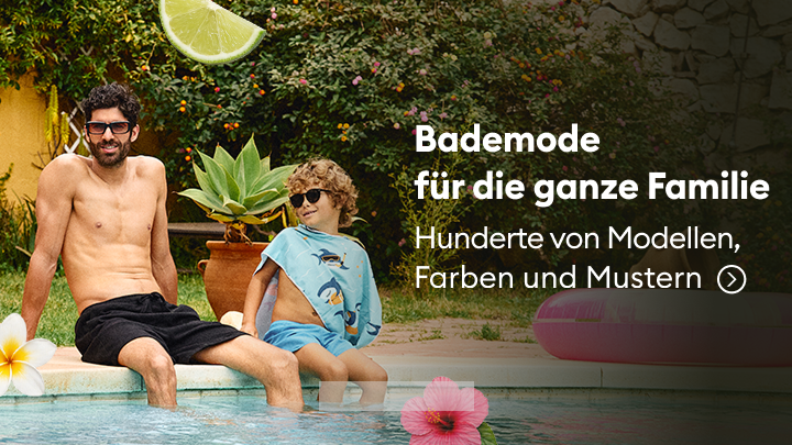 Werbemotiv zur Bewerbung von Bademode für die ganze Familie und zur Einladung, ein umfangreiches Sortiment an Modellen für Erwachsene und Kinder zu entdecken.