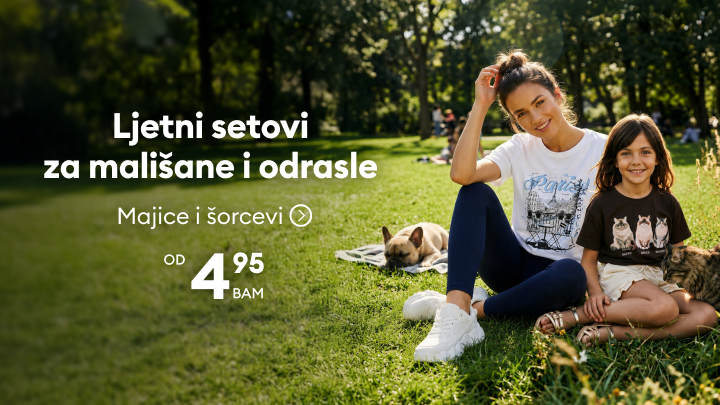 Promotivni vizual za ljetne setove odjeće za djecu i odrasle, s naglaskom na majice i šorceve dostupne po pristupačnim cijenama.