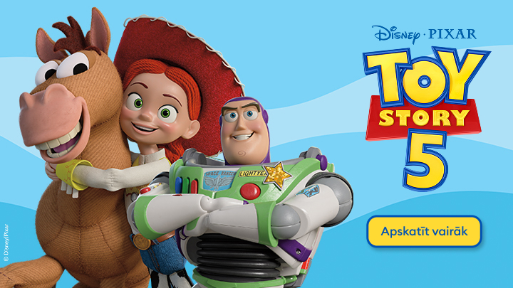 Reklāma, kas informē par Disney Pixar animācijas filmu Toy Story 5 un aicina uzzināt vairāk par gaidāmo piedzīvojumu ar iemīļotajiem varoņiem