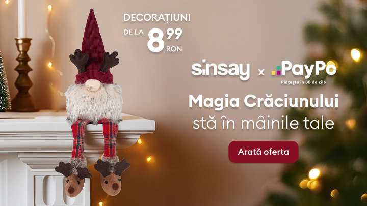 Decorațiuni de Crăciun Sinsay începând de la 8.99 RON. Magia Crăciunului este acum la îndemâna ta cu posibilitatea de plată prin PayPo în 30 de zile. Descoperă oferta și pregătește-te să întâmpini sărbătorile într-un mod special. banner
