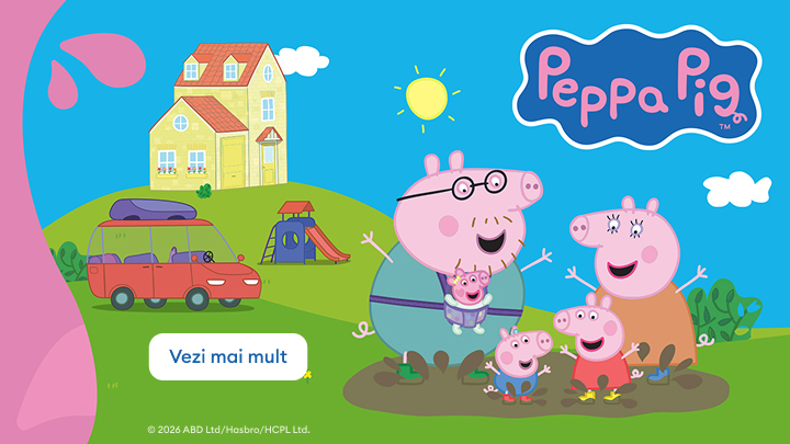 Promovare a universului Peppa Pig, prezentând familia în context de joacă, pentru a atrage copiii și părinții să descopere mai mult conținut și produse asociate.