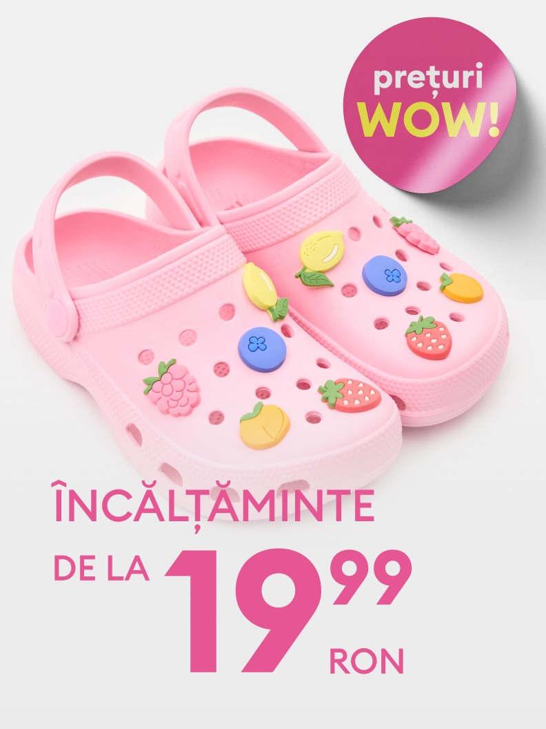 Promovare încălțăminte pentru copii cu prețuri promoționale, începând de la 19,99 RON.