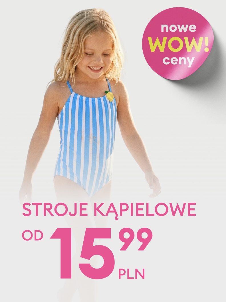 Promocja strojów kąpielowych dla dzieci, informująca o obniżonych cenach i zachęcająca do zakupu letniej odzieży plażowej.