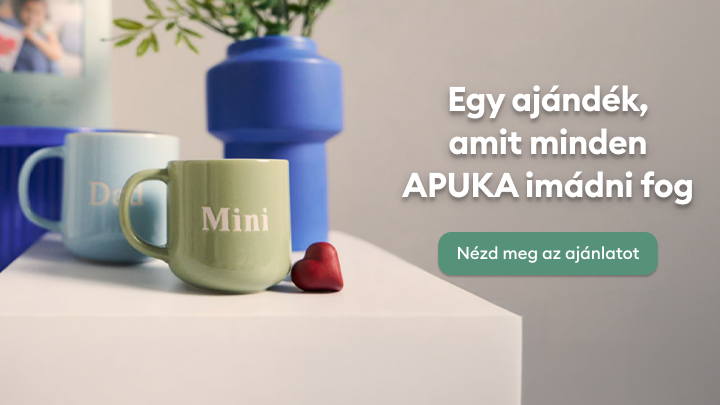 Apáknak szóló ajándékajánlat bemutatása, amely összeillő bögrékkel a szülő–gyermek kapcsolatot és az együtt töltött pillanatokat hangsúlyozza.