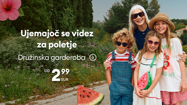 Promocija ujemajočih se poletnih oblačil za vso družino, ki poudarja usklajen videz staršev in otrok ter cenovno dostopno družinsko garderobo.