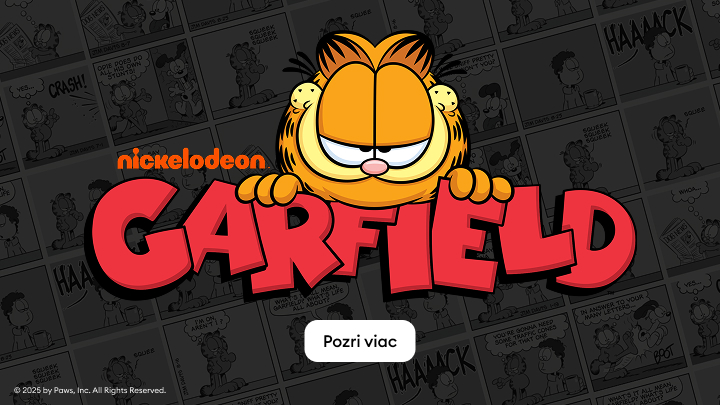 Obraz z populárnym kresleným kocúrom Garfieldom, ktorý je známy svojím sarkazmom a komickými situáciami. Logo Nickelodeon a tlačidlo na otvorenie ďalších informácií. Tvorca obsahu: Paws, Inc. banner
