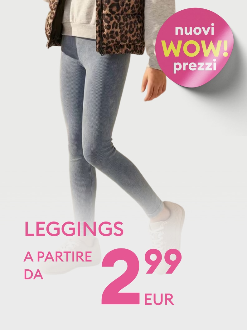 Promozione di leggings da donna con prezzo di partenza molto conveniente, pensata per comunicare un’offerta speciale e incentivare l’acquisto.