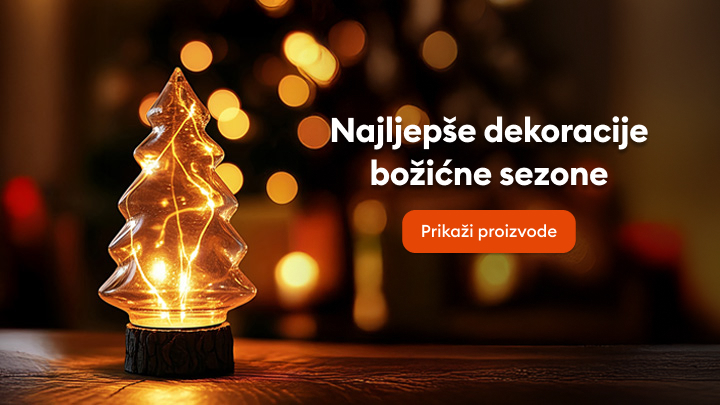 Najljepše dekoracije za božićnu sezonu. Prikaz sezonskih ukrasa koji unose toplinu i praznični duh u dom. Poziv na pregled dostupnih proizvoda putem gumba "Prikaži proizvode".
