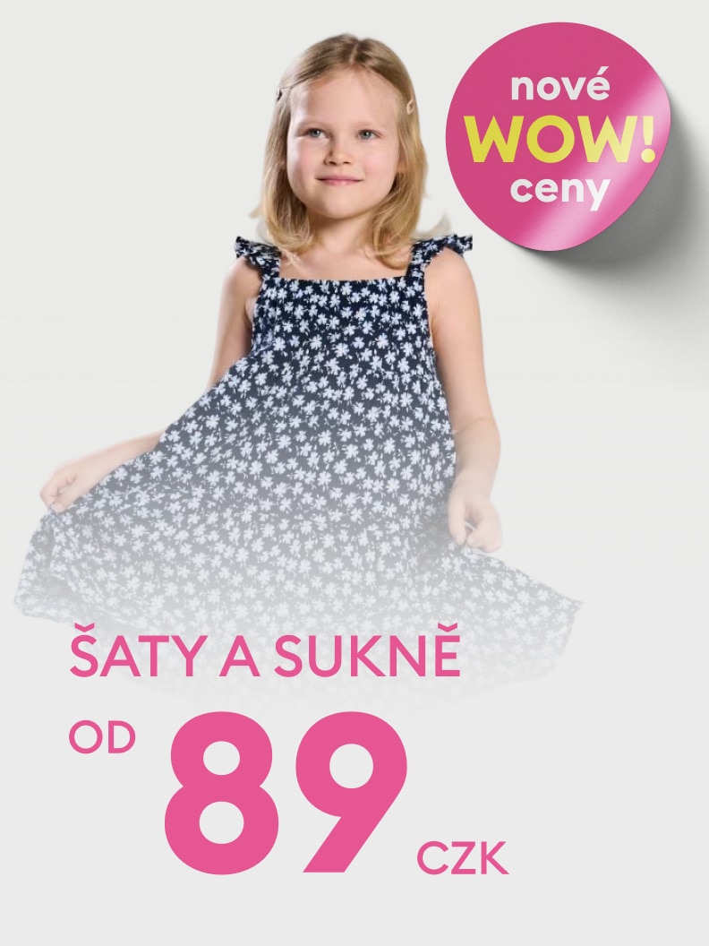Propagace dětských šatů a sukní s novou zvýhodněnou cenou od 89 CZK, informující o výhodné nabídce oblečení pro děti.