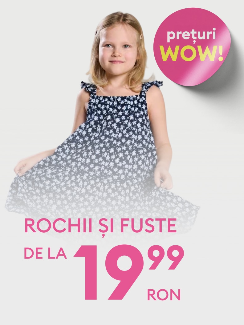 Promoție pentru copii care evidențiază oferta de rochii și fuste la preț redus, încurajând achiziția de articole vestimentare pentru cei mici.