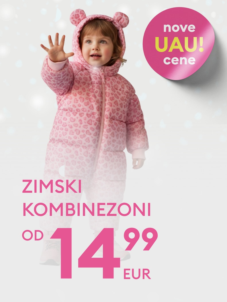 Zimski kombinezon za otroke na voljo po ceni od 14,99 EUR. Promocijski napis 