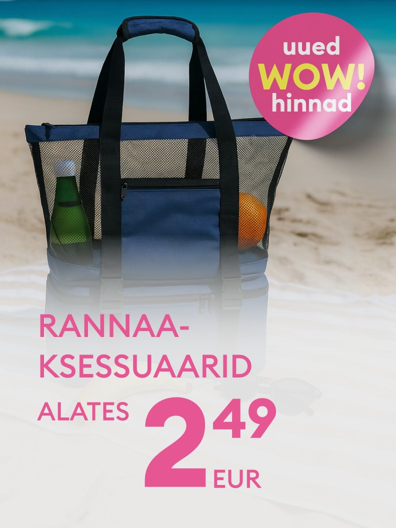 Reklaam rannaks mõeldud aksessuaaridele soodushinnaga alates 2,49 eurost, rõhutades uusi eripakkumisi.