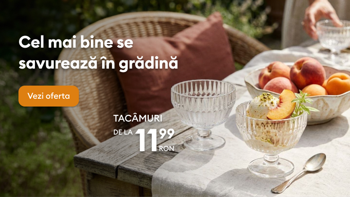 Promovare a tacâmurilor pentru servire în aer liber, sugerând momente de relaxare în grădină și o ofertă cu preț de pornire accesibil.